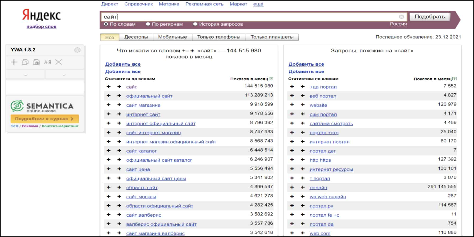Сбор ключевых слов через сервис Wordstat от Яндекс