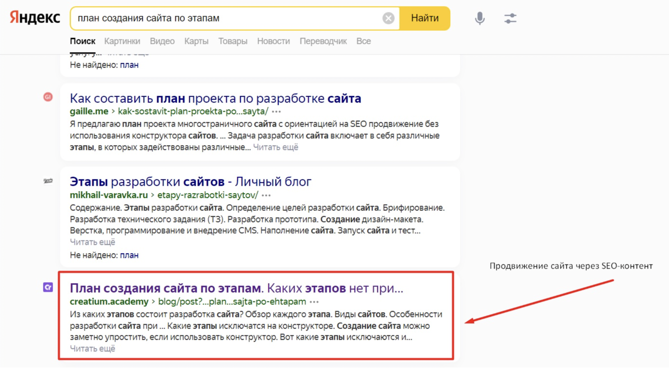 Продвижение сайта через SEO-контент. Благодаря этому, на сайт приходит органический “бесплатный” трафик посетителей