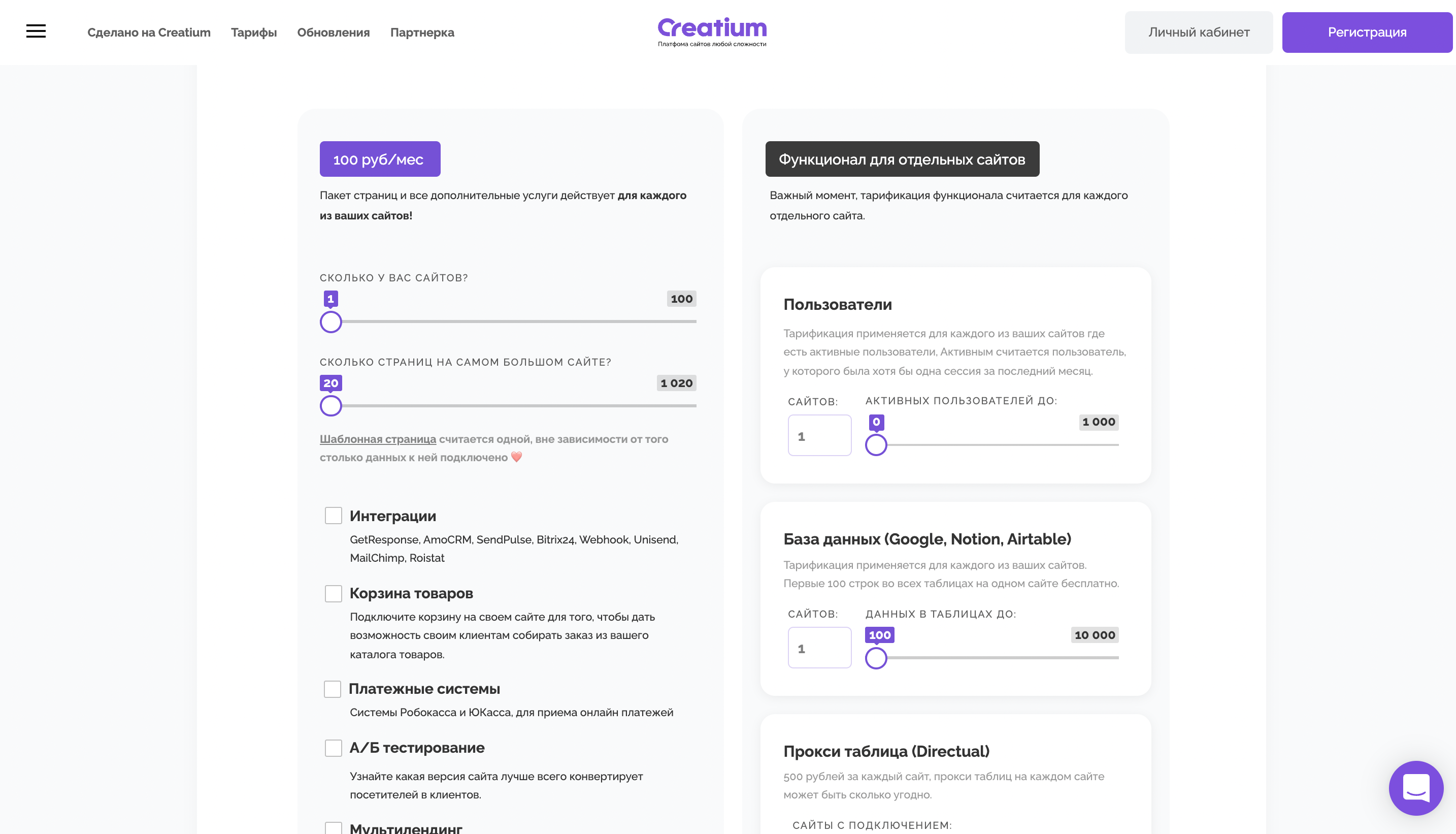 Тарифная система creatium
