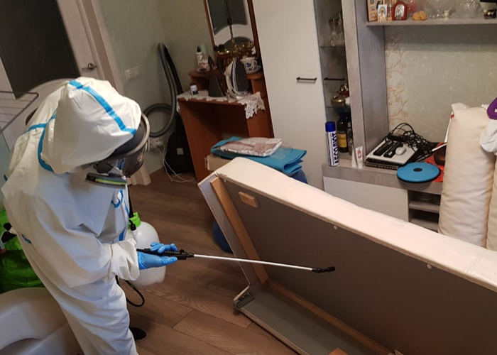 Опрыскивание спального места специалистом дезслужбы Опрыскивание спального места помпой