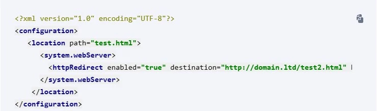 Пример редиректа в web.config Пример настройки редиректа в web.config