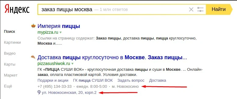 Контакты в сниппете Контакты с сайта в сниппете
