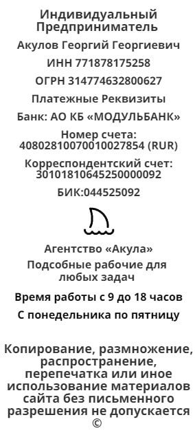 Реквизиты агентства подсобных рабочих Акула Реквизиты агентства подсобных рабочих Акула