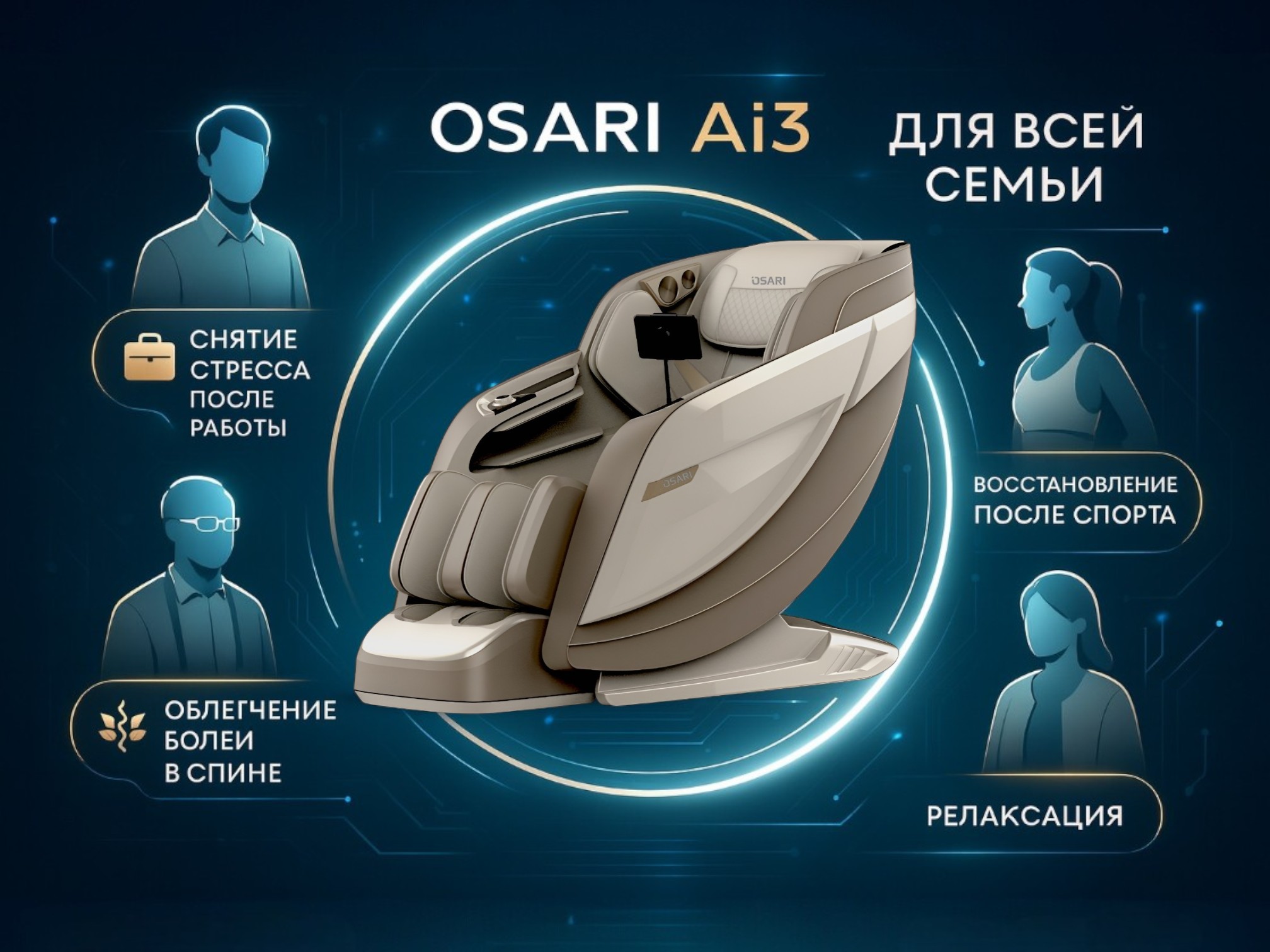Массажное кресло для всей семьи Лучшее массажное кресло OSARI Ai3 для всей семьи — комфорт и релакс дома. Купить по выгодной цене! Подходит для всех возрастов.