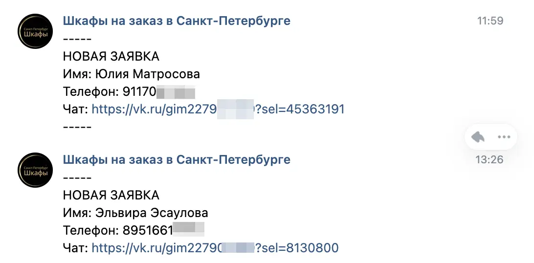 Тест заявок на шкафы — Санкт-Петербург Заявки на шкафы из рекламы ВКонтакте в Спб