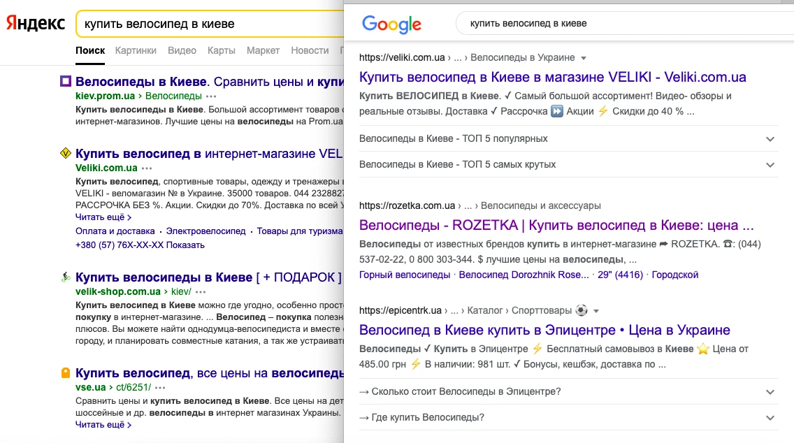 Различия сниппетов Различия сниппетов Яндекс и Google
