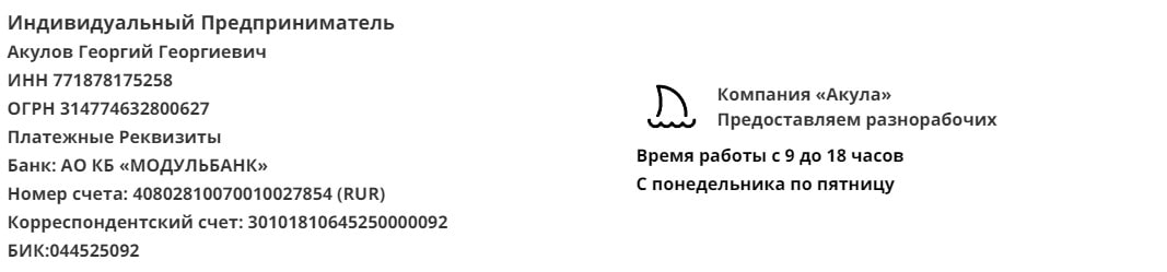 Реквизиты агентства разнорабочих Акула Реквизиты агентства разнорабочих Акула
