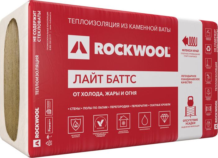 Утеплитель RockWool Лайт Баттс плита 50х600х1000 мм 6 м² 0,3 м³, 10 шт